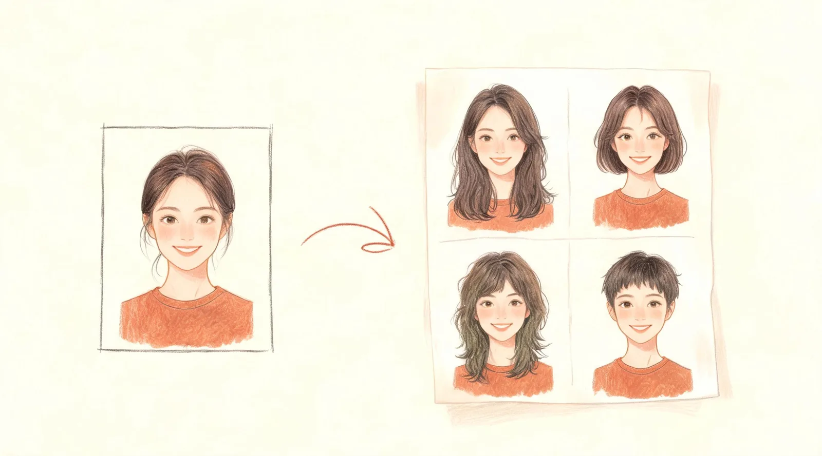 Conceptual illustration of a front-facing photo leading to four hairstyle ideas