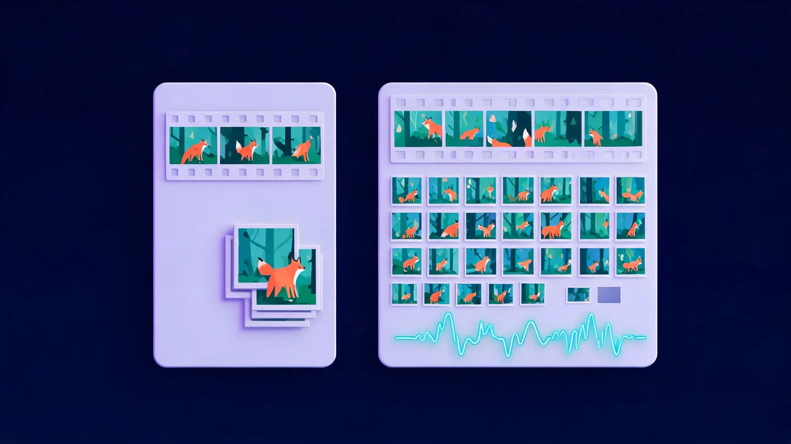 Conceptual illustration of two video capability cards with different filmstrip lengths and reference collections.