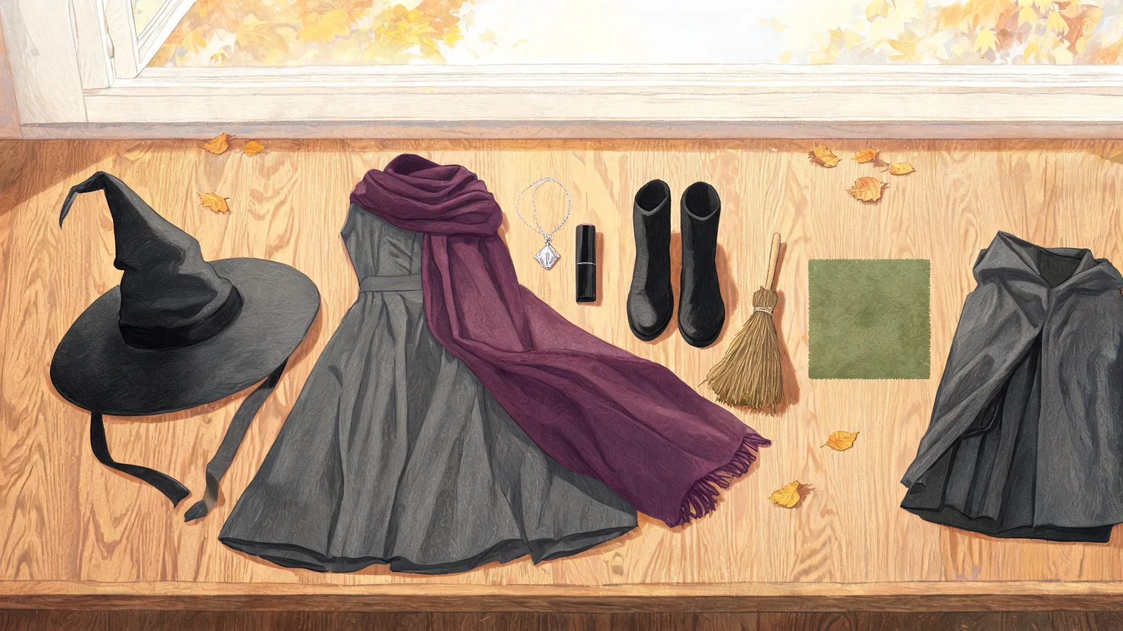 Illustrated black witch hat, dark dress, purple shawl, broom, boots, and pendant arranged on a wooden table