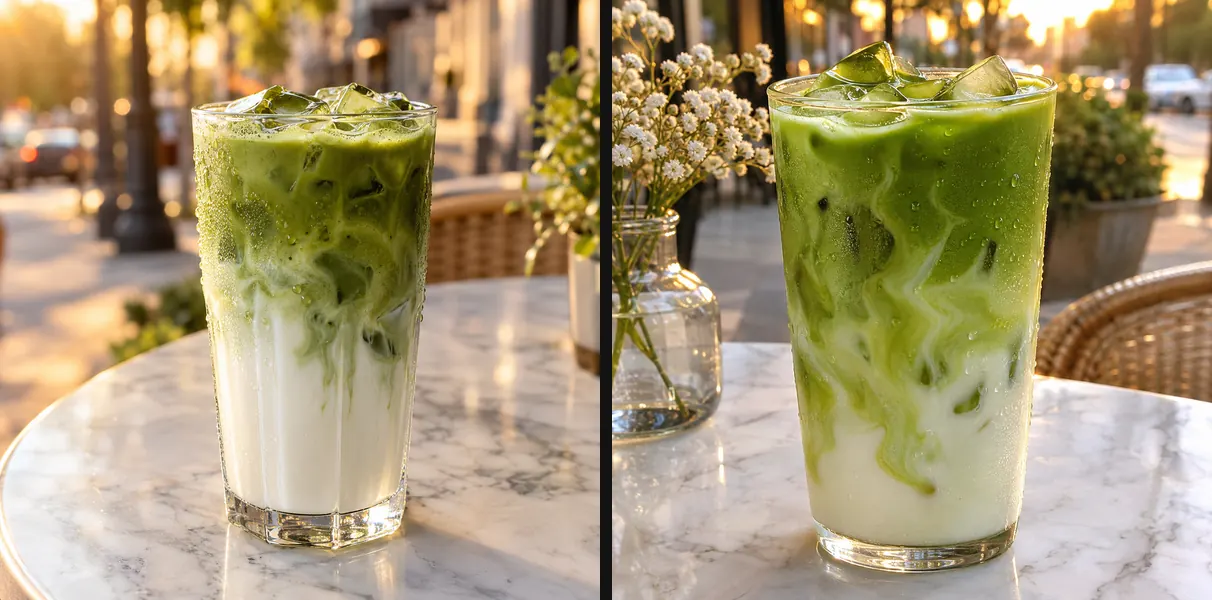 GPT Image 2.5 Flare and Sunburst images of the same iced matcha latte prompt, side by side