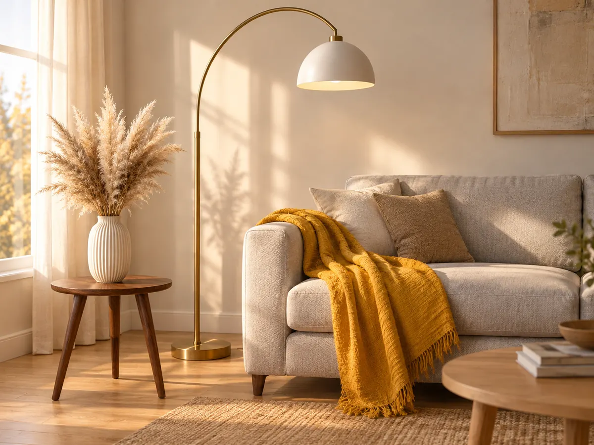 GPT Image 2.5 edit: living room with the vase, throw, arc lamp and side table from four reference photos