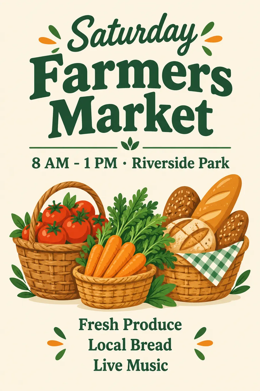 GPT Image 2.5 image: Saturday Farmers Market poster with baskets of tomatoes, carrots and bread