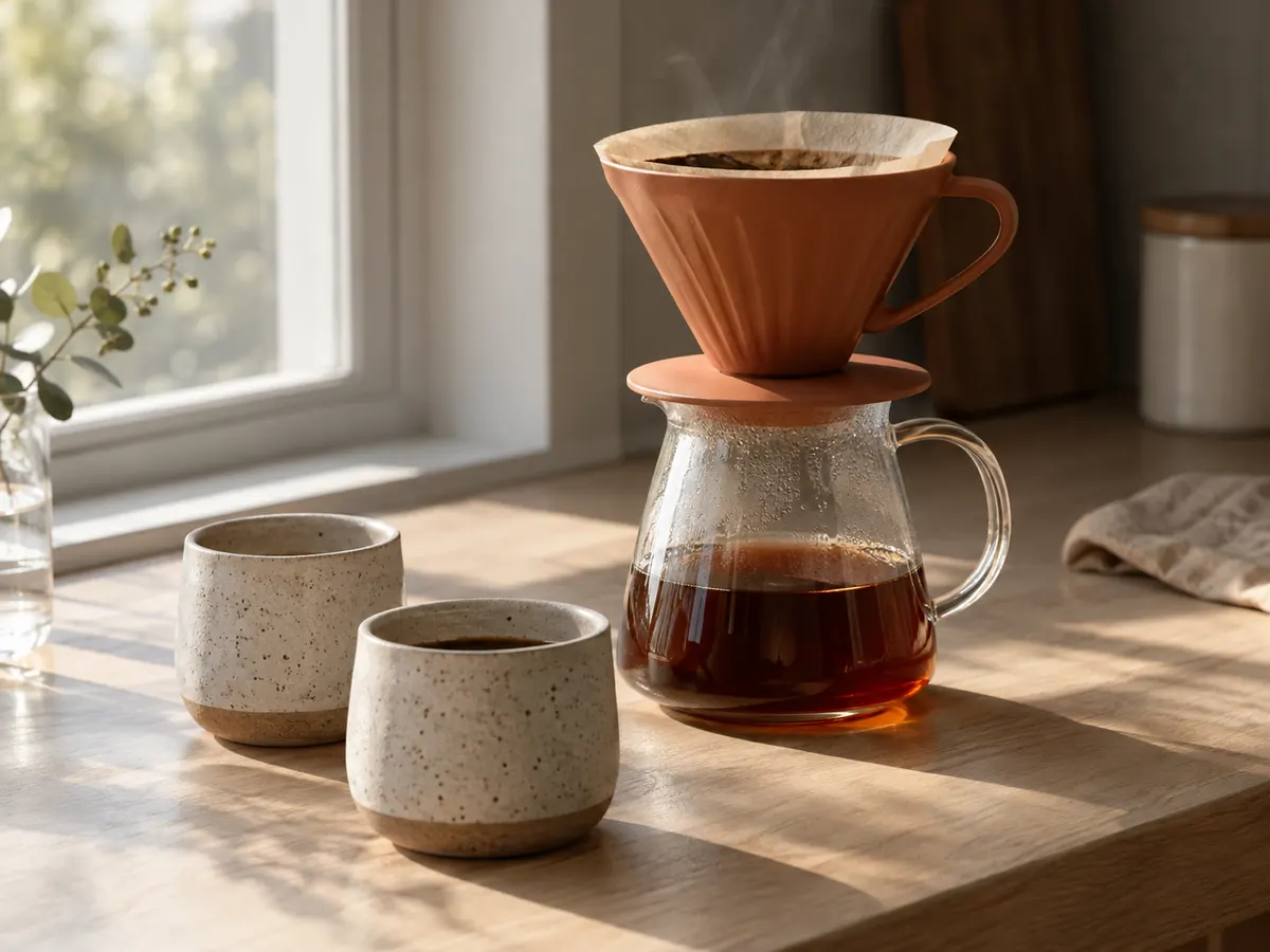 GPT Image 2.5 image: terracotta coffee dripper, glass carafe and two ceramic cups on an oak counter in morning light