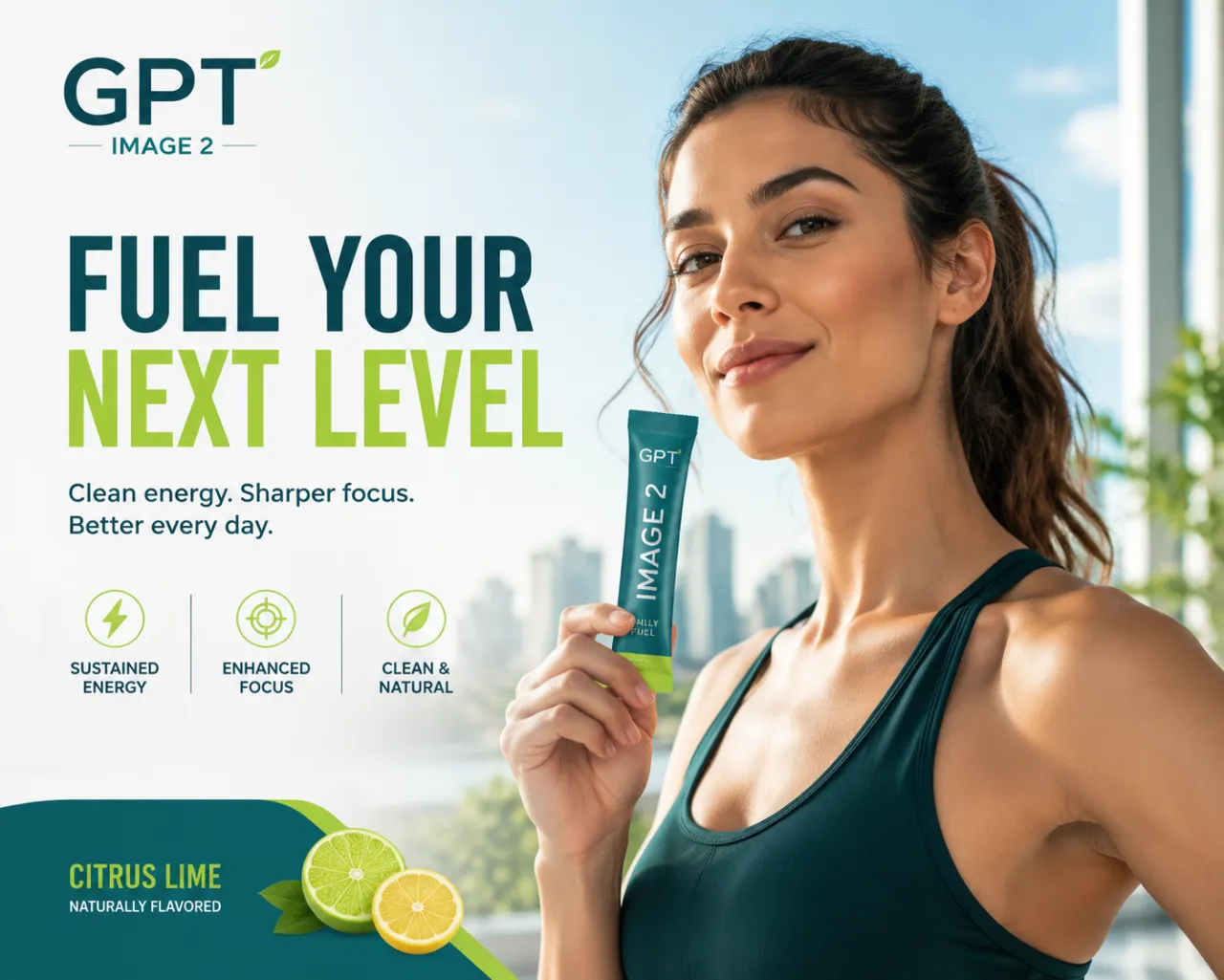 Brand campaign key visual with product, model, and on-image marketing copy