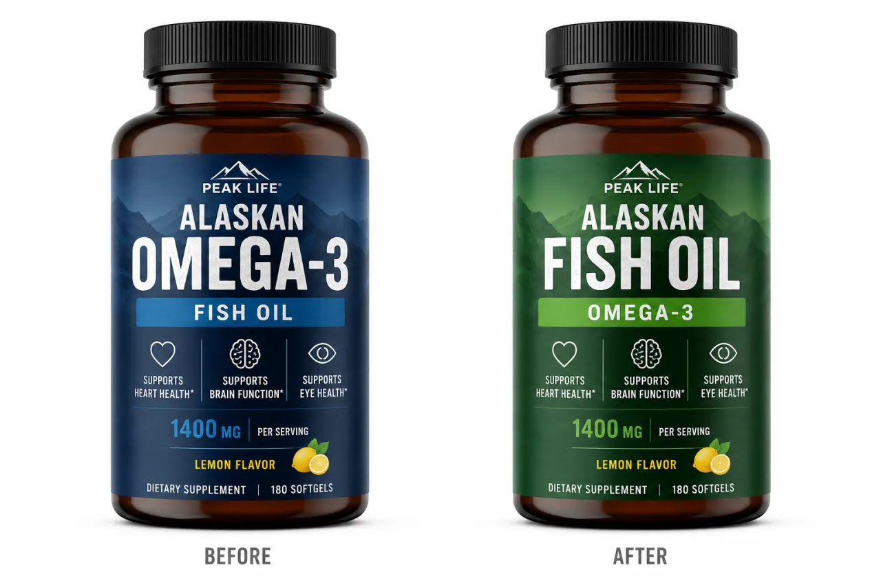 Side-by-side product photo edit with recolored label and new headline text