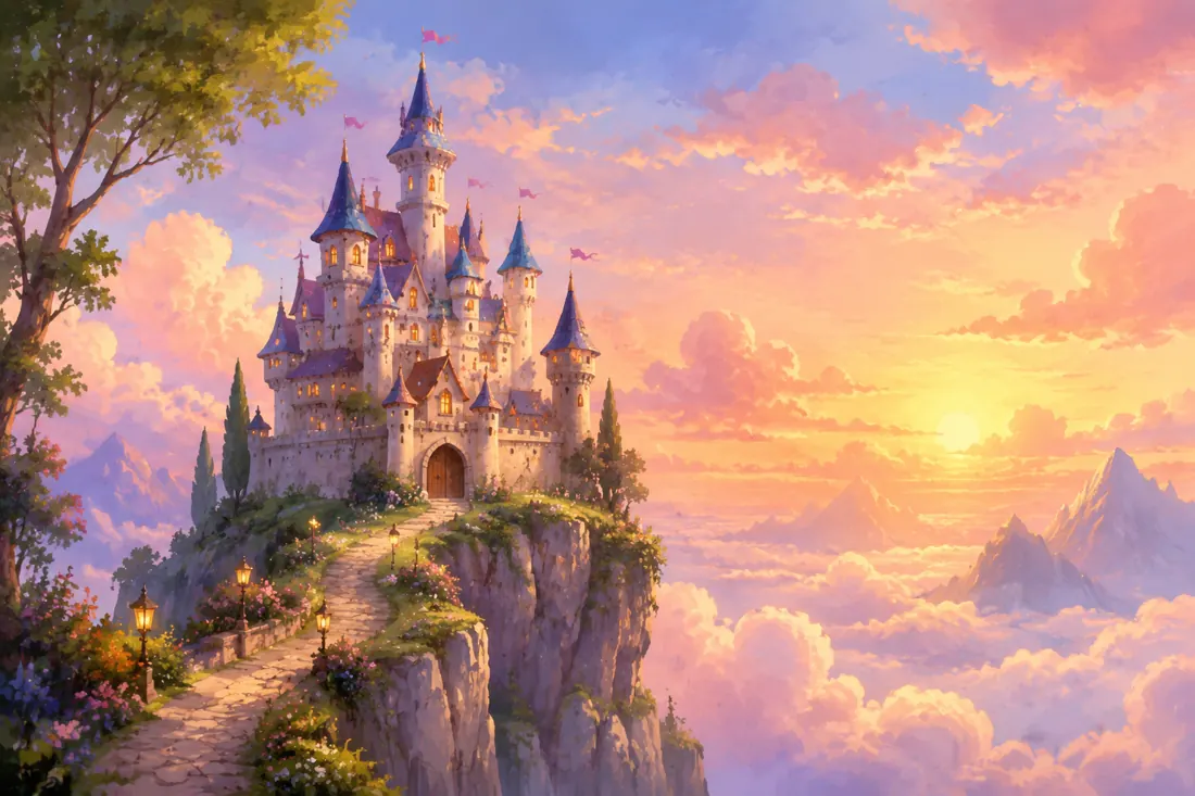 Storybook castle at sunset