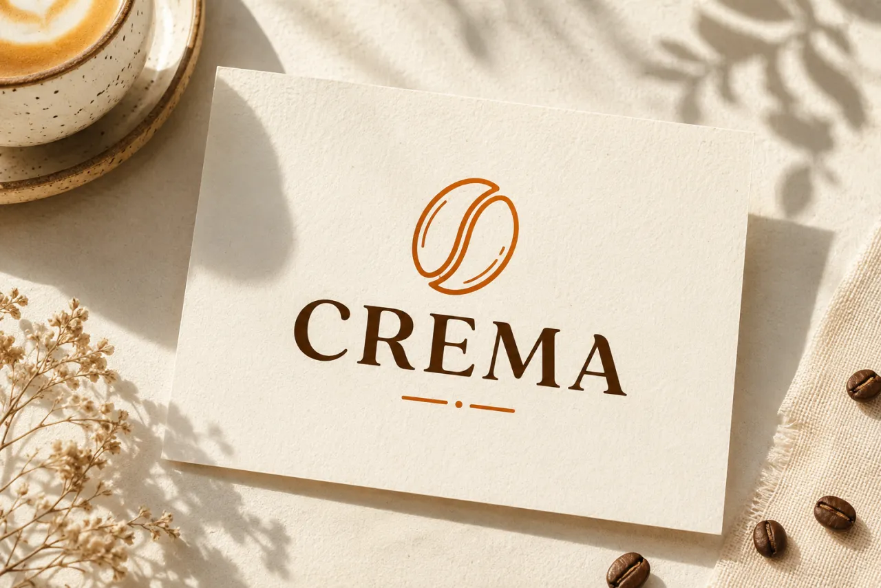 Minimal coffee-brand wordmark logo with a crisp bean glyph on a warm cream background