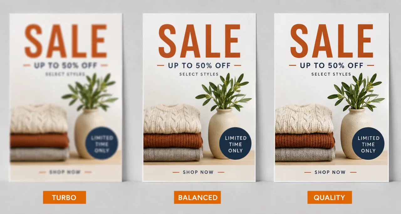 Side-by-side trio of the same poster getting progressively sharper text from turbo to quality
