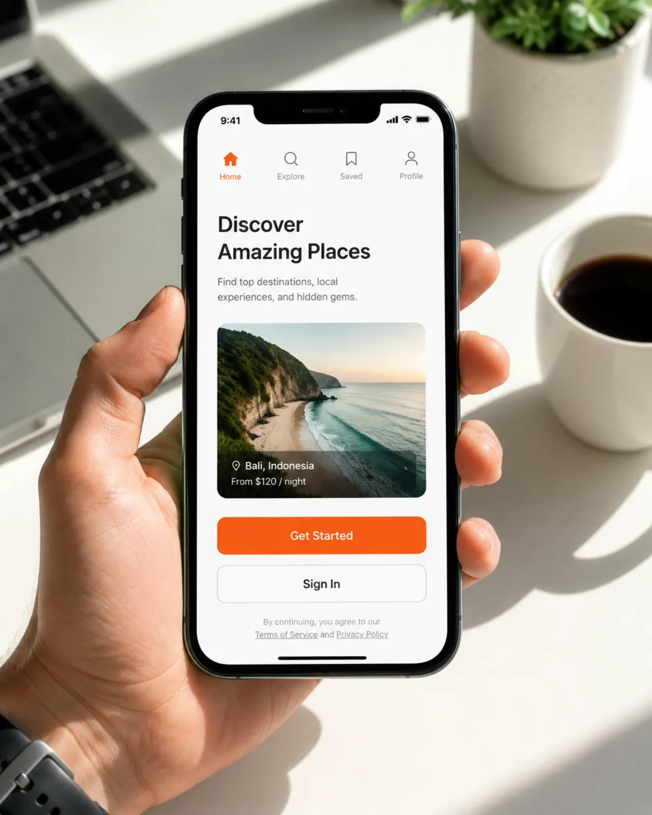 Clean mobile app UI mockup with readable button and menu labels on a bright screen