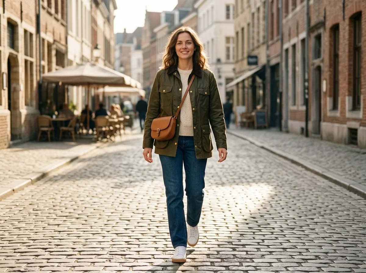 Nano Banana 2.1 image edit: adult woman on a cobblestone street wearing the jacket, bag and sneakers from three reference photos