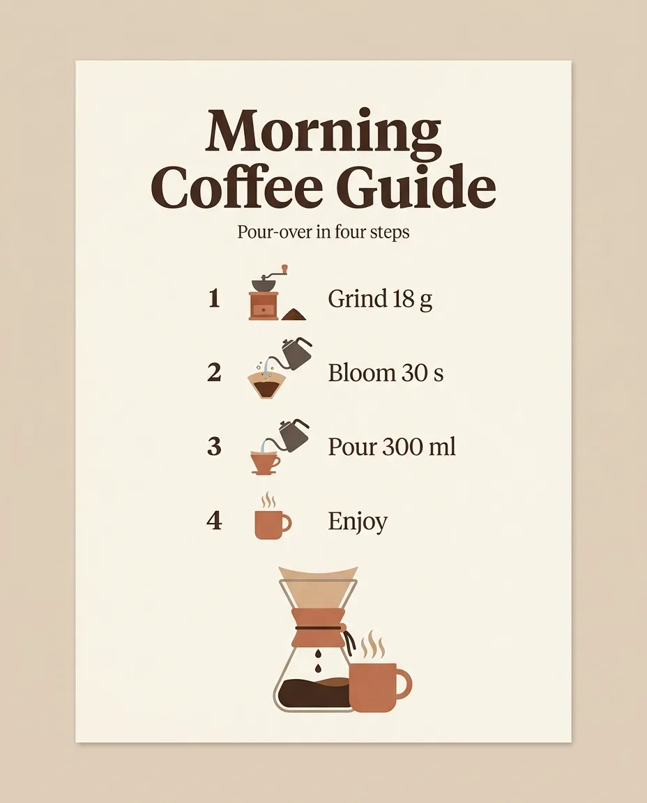 Nano Banana 2.1 image: Morning Coffee Guide poster with four numbered pour-over steps
