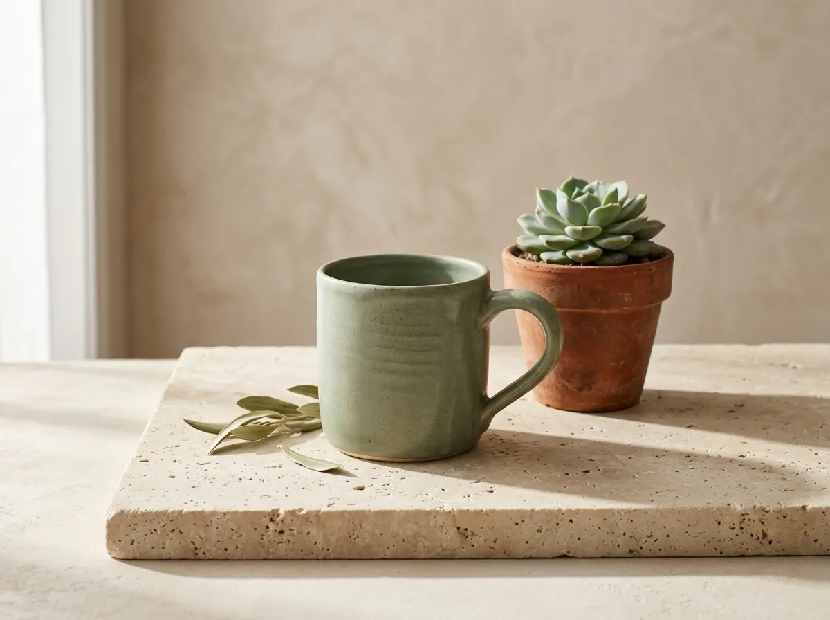 Nano Banana 2.1 image: sage ceramic mug and succulent on travertine in soft daylight