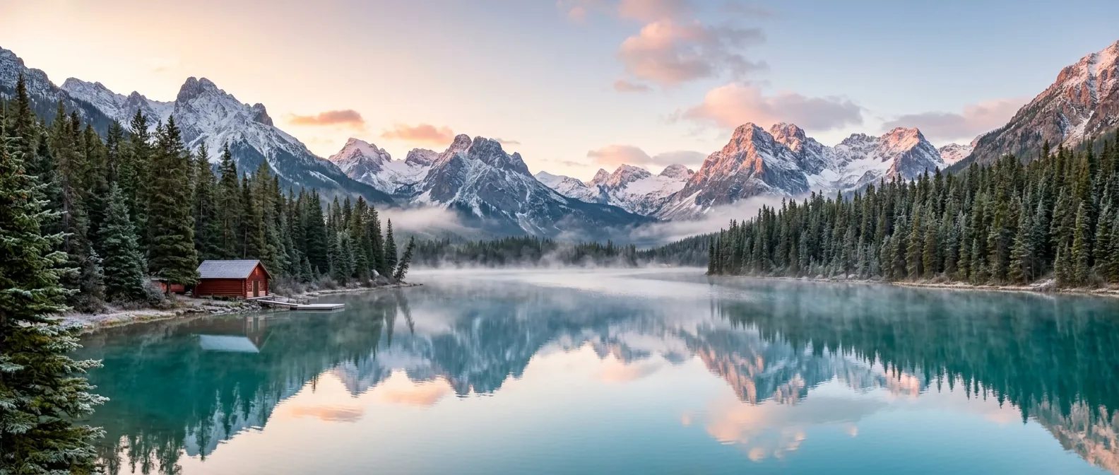 Nano Banana 2.1 image: ultra-wide 21:9 alpine lake at sunrise with a red cabin