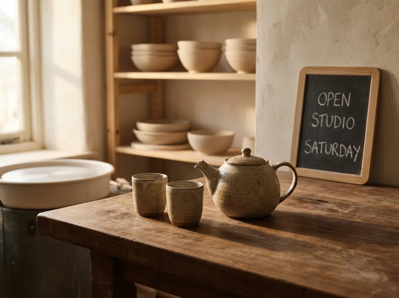Nano Banana Pro image from one detailed prompt: pottery studio with a legible chalkboard sign