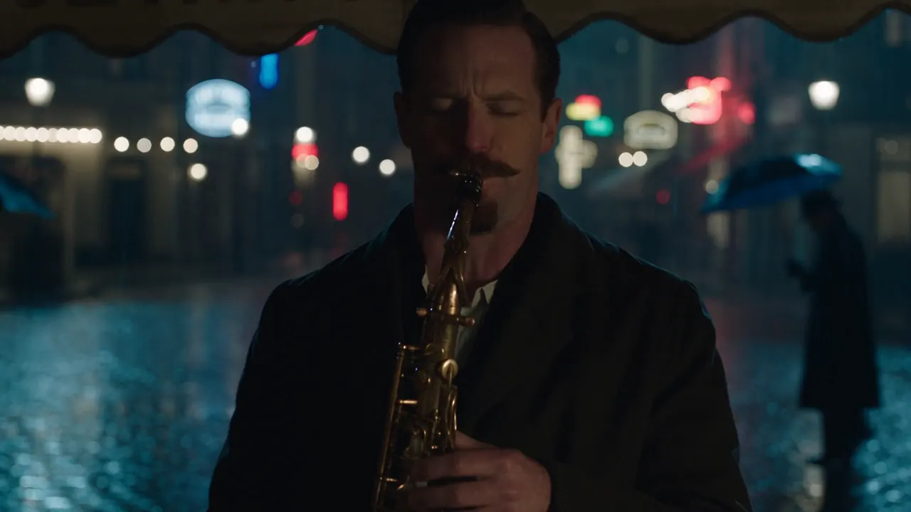Seedance 2.5 video frame: saxophonist playing under a cafe awning on a rainy neon-lit street