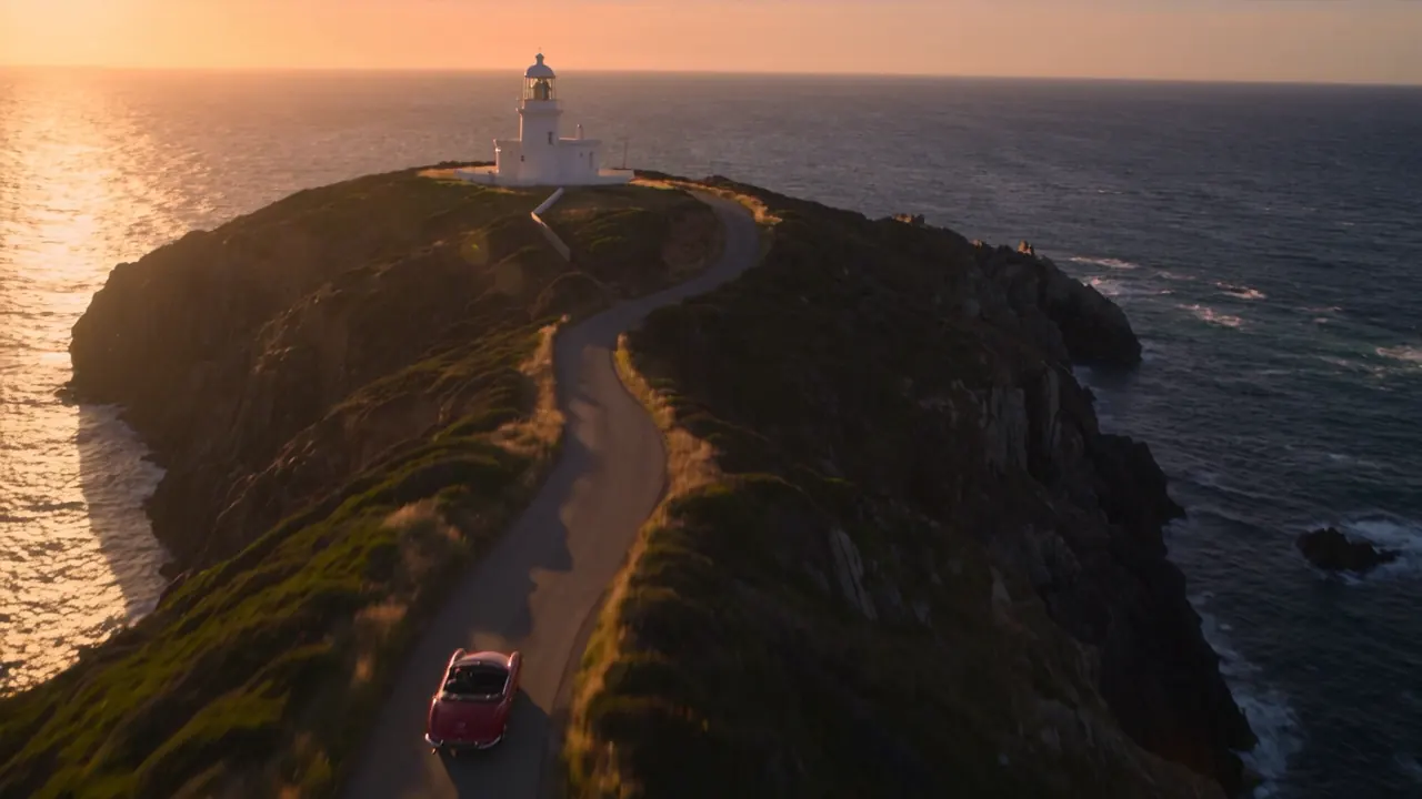 Seedance 2.5 video frame: drone shot of a red convertible on a coastal cliff road at golden hour