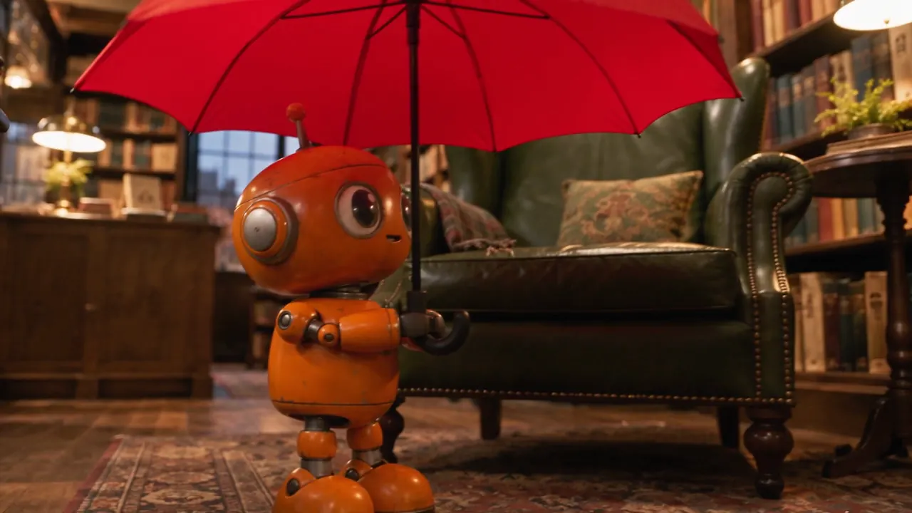 Seedance 2.5 video frame: orange tin robot holding a red umbrella between bookshop shelves, made from three reference images
