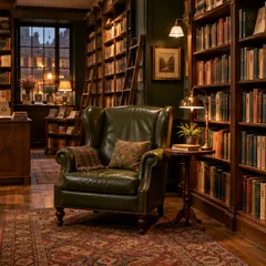 Reference 2: old bookshop interior with a green armchair