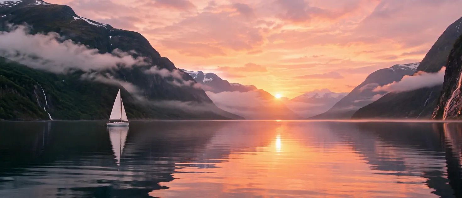 Seedance 2.5 video frame: white sailboat on a misty fjord at sunrise, animated from a 21:9 photo