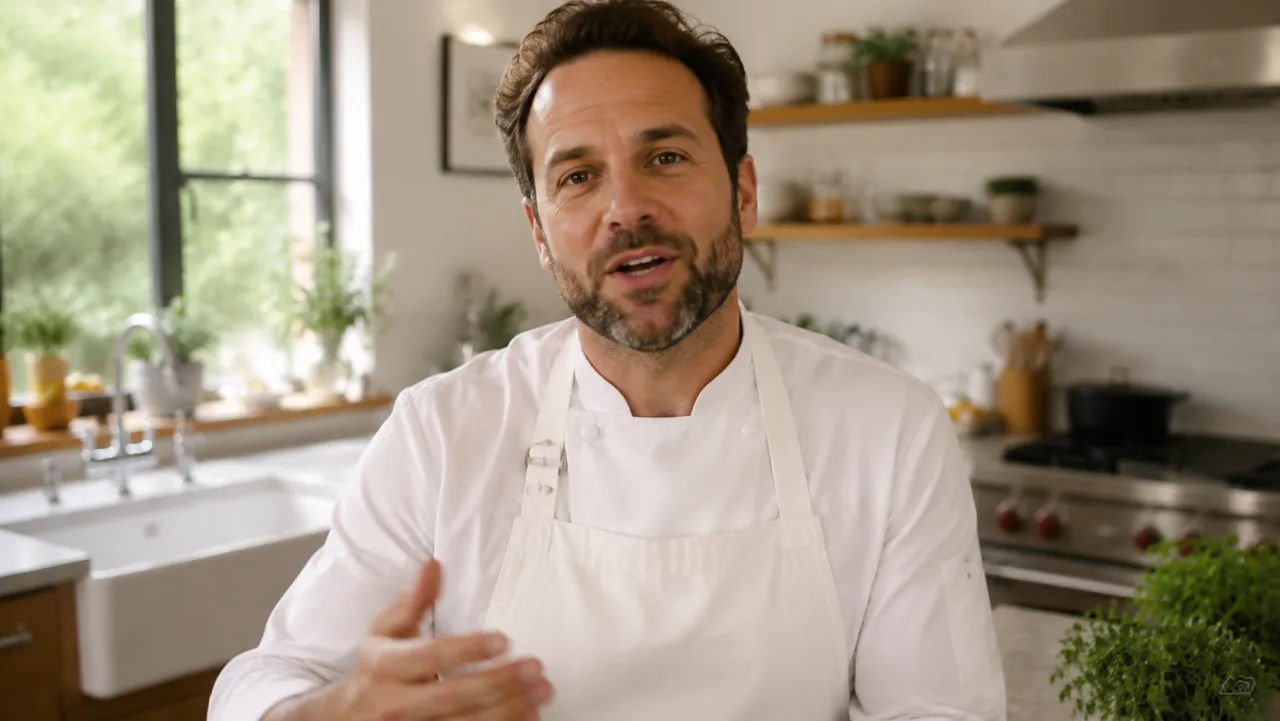 Chef speaking to camera in a bright kitchen, sound waves