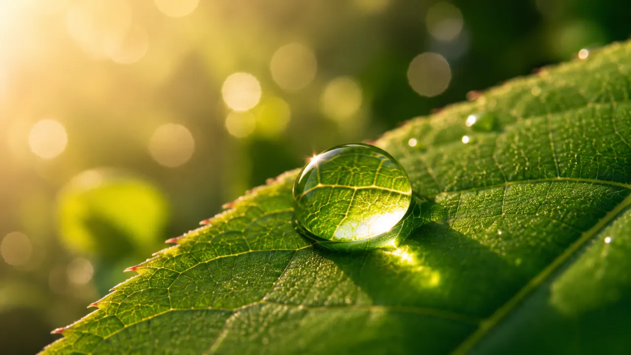 Cinematic 4K close-up of dew on a leaf, shallow depth of field