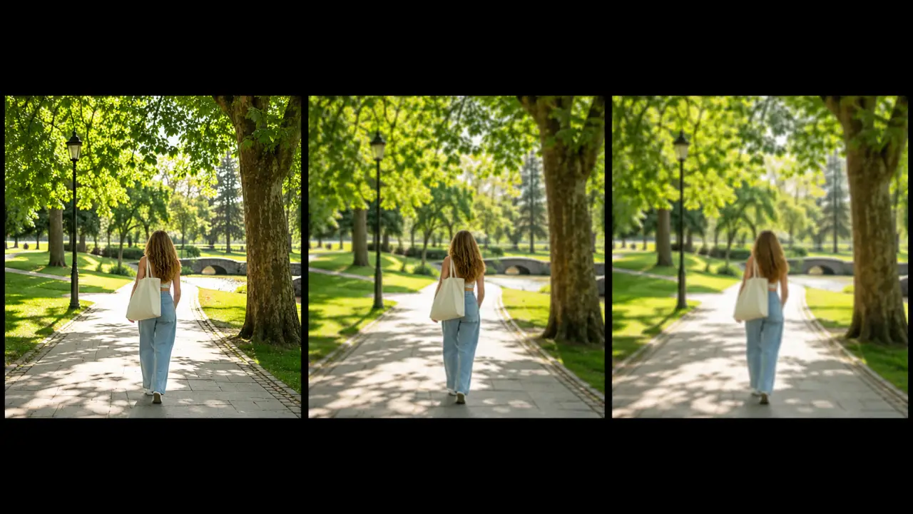 Three side-by-side film frames of the same scene, quality ladder