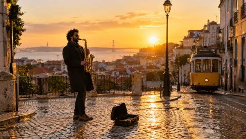 The photo used as the first frame: saxophone player on a Lisbon street