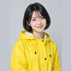 Reference 1: woman in a yellow raincoat on a gray background